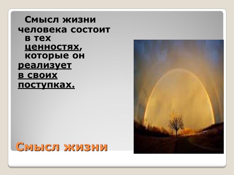 Смысл жизни   Смысл жизни  человека состоит в тех ценностях, которые он